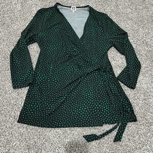 ANNE KLEIN Women's Green Black Polka Dot Wrap Blouse, Size XL